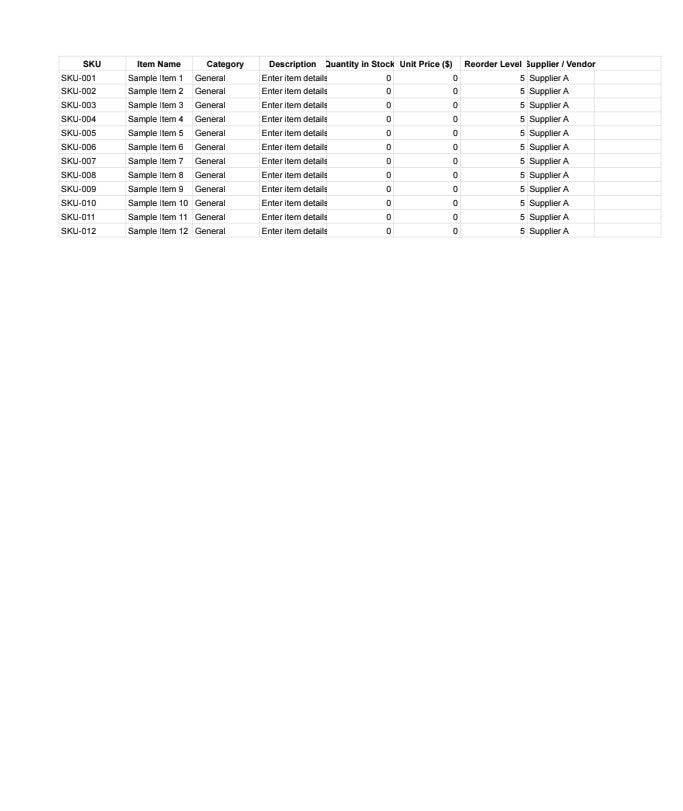Inventory spreadsheet template with SKU, item name, category, description, stock quantity, reorder level, and supplier fields, digital download.