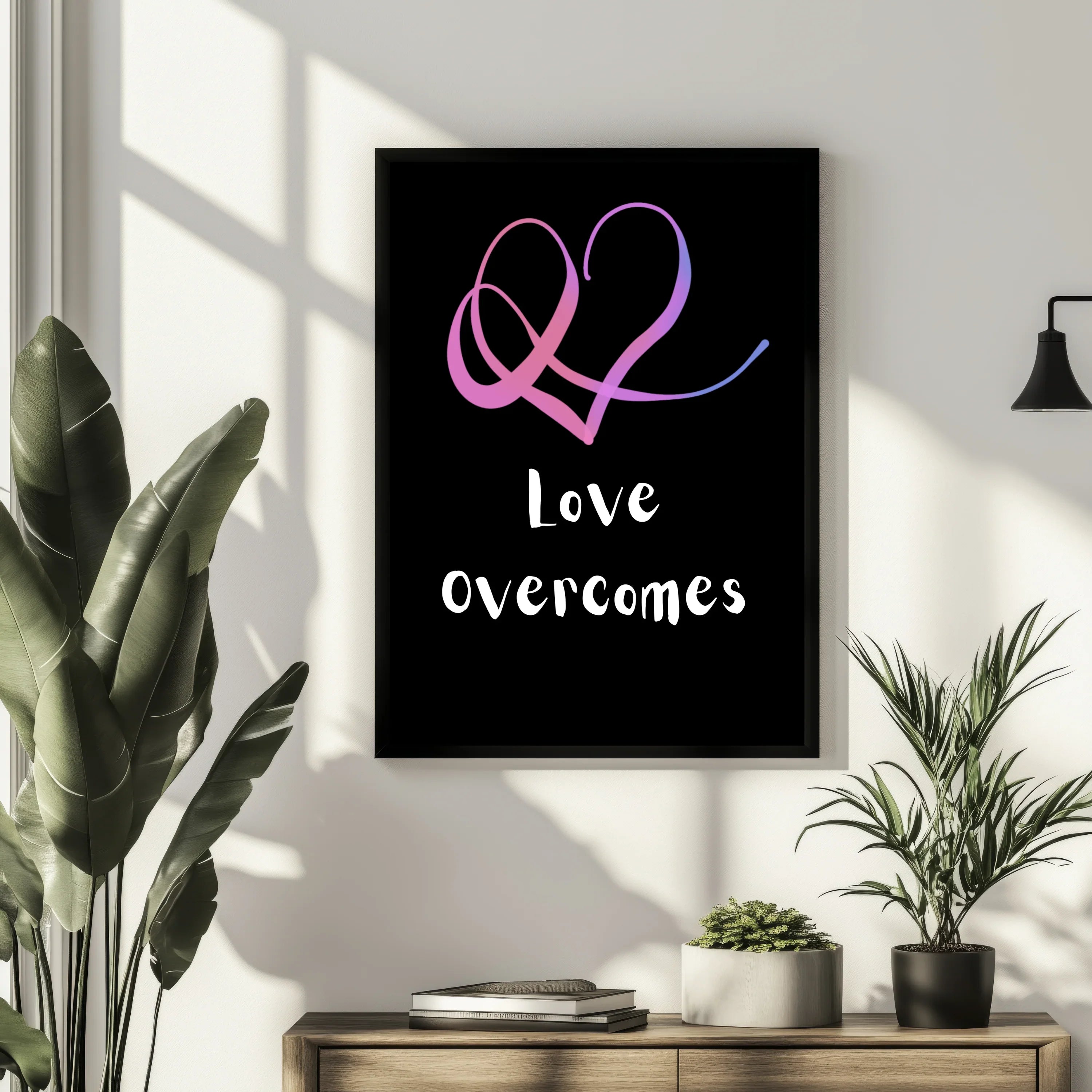 Love Overcomes wall art poster design with purple and pink heart graphic in modern room setting A1 Business-Hub