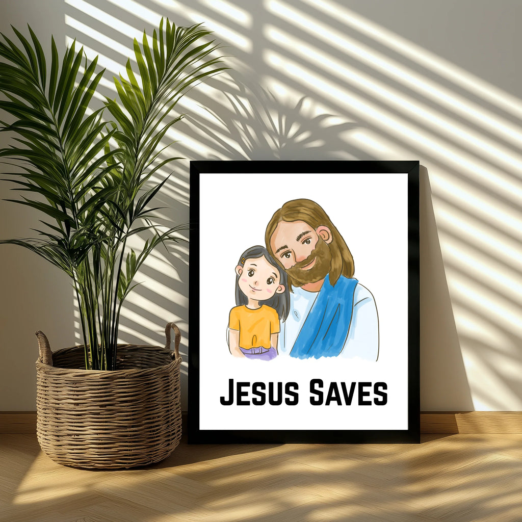 Jesus Saves poster design featuring Jesus and a girl in a black frame beside a wicker plant basket A1 Business-Hub