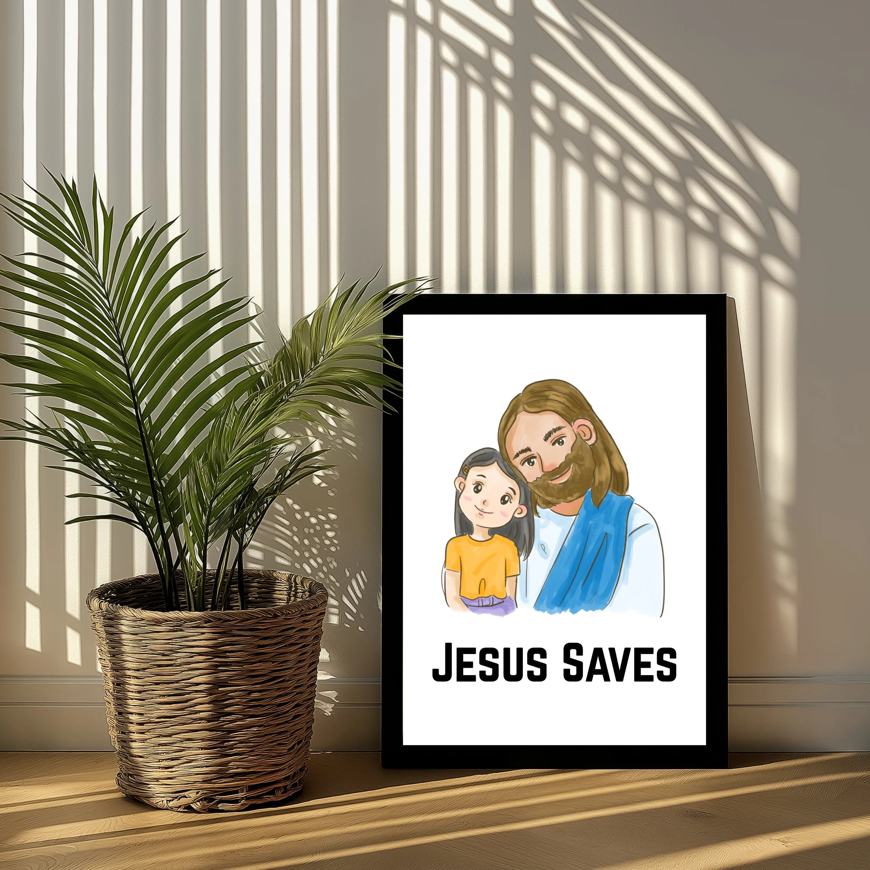Jesus Saves poster design featuring cartoon Jesus and girl, digital download print, A1 Business-Hub