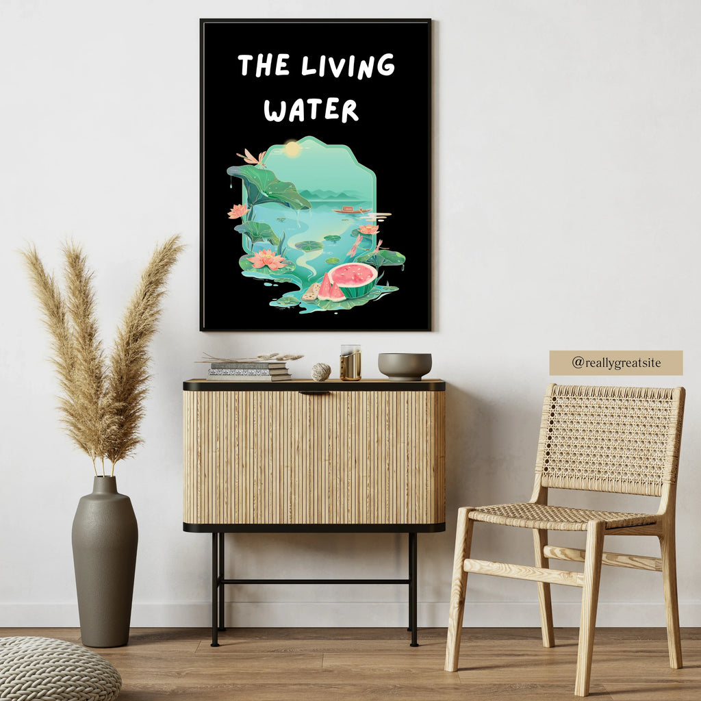The Living Water poster design with nature and water elements in black frame above wooden cabinet in modern room A1 Business-Hub
