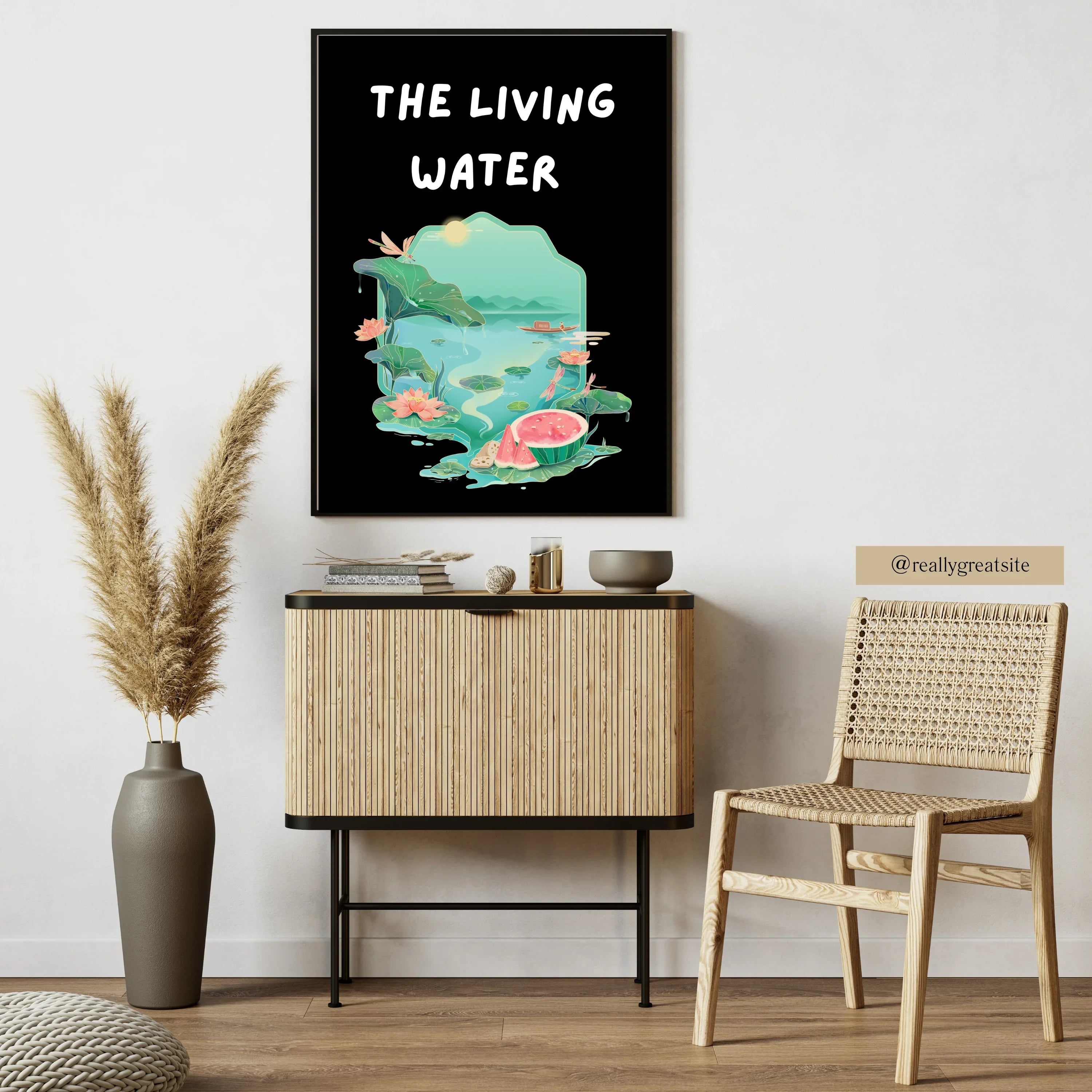 The Living Water poster design with nature and water elements in black frame above wooden cabinet in modern room A1 Business-Hub