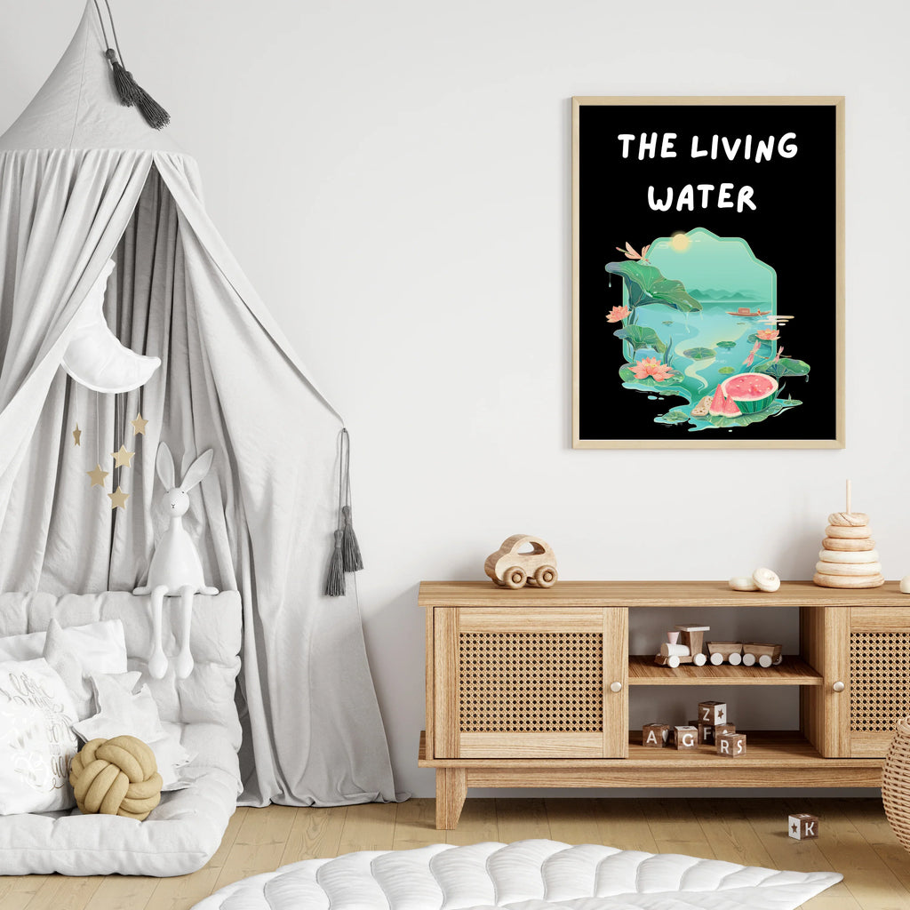 The Living Water poster design with water lilies and watermelon in a kids room setting A1 Business-Hub