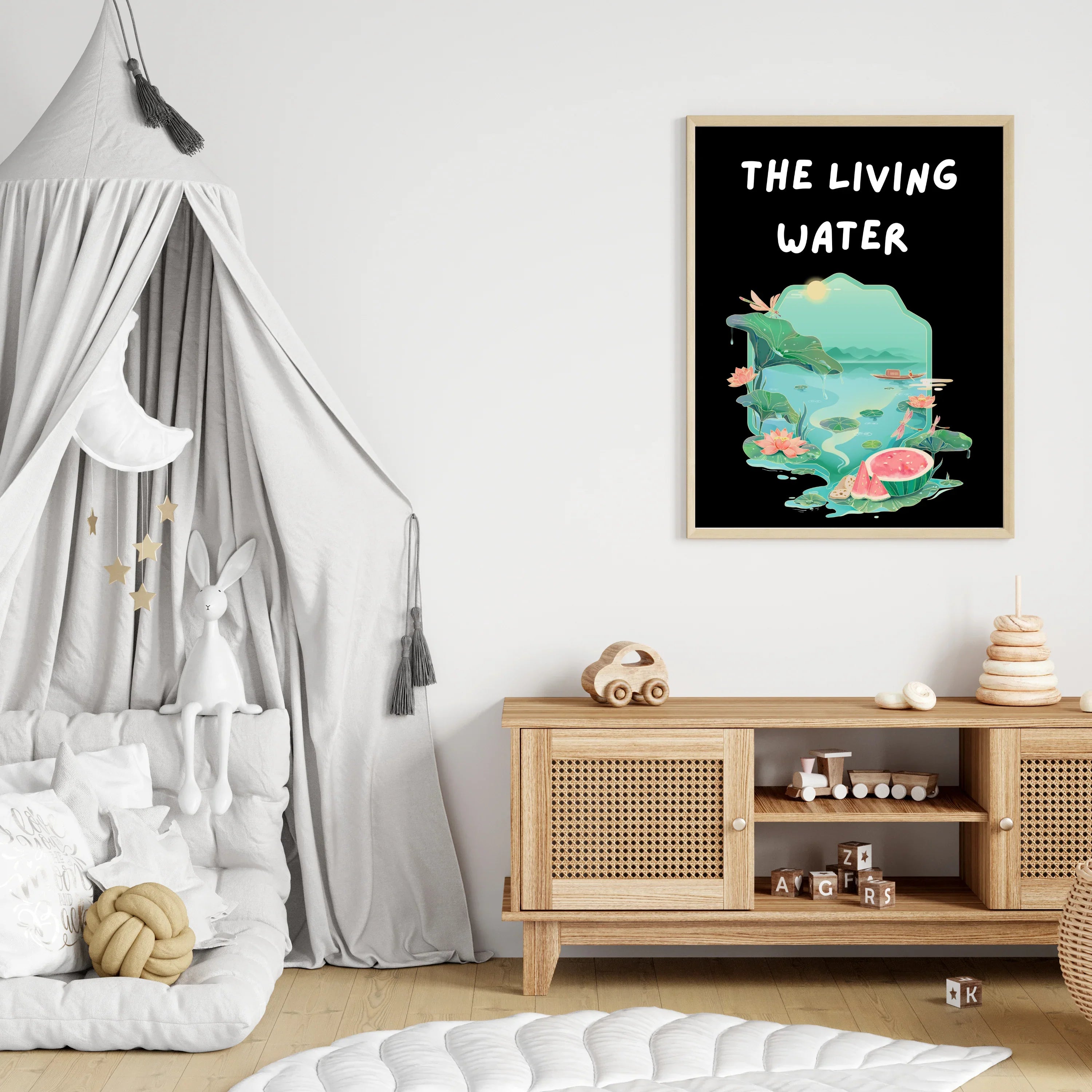 The Living Water poster design with water lilies and watermelon in a kids room setting A1 Business-Hub