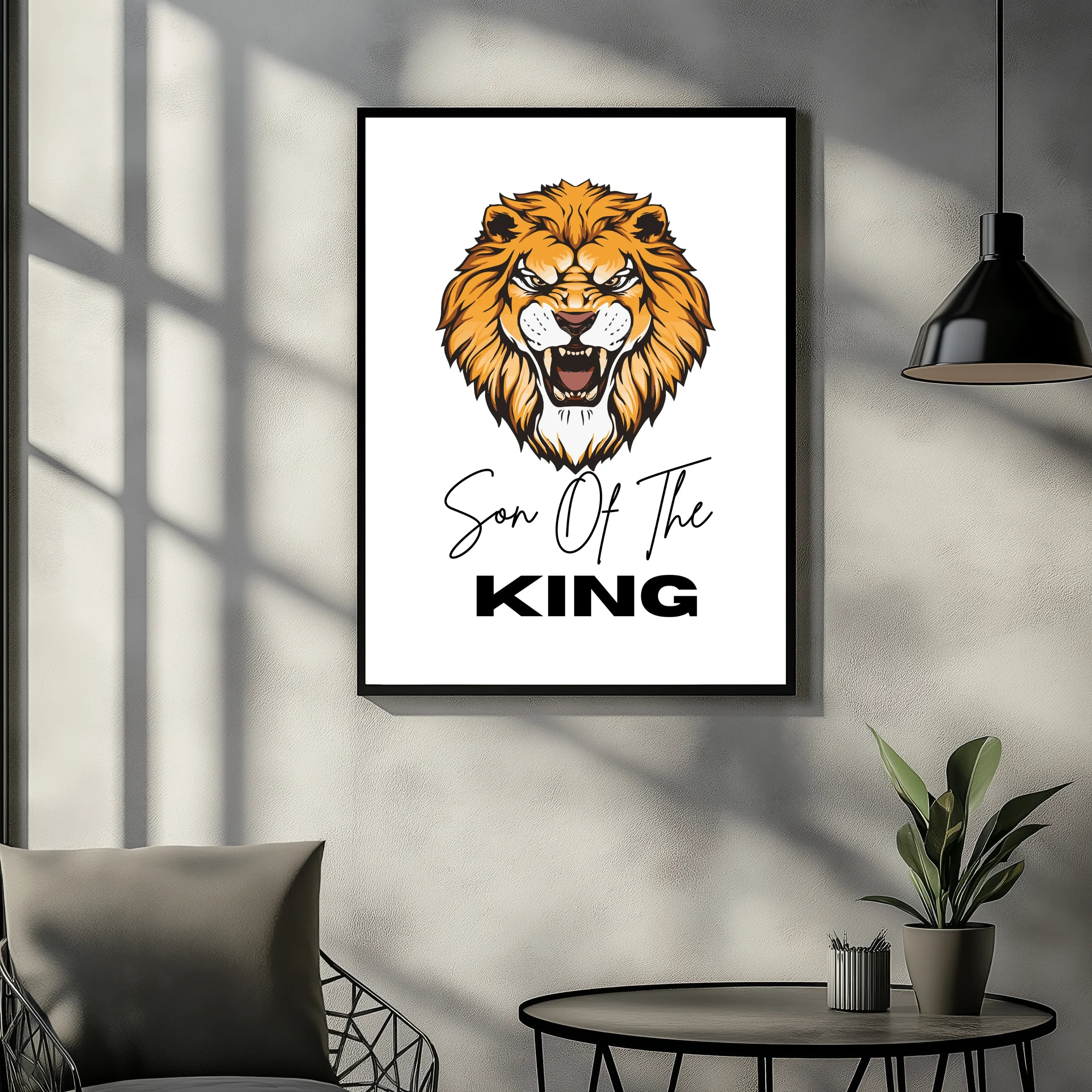 Son Of The King digital download poster design featuring roaring lion head wall art in modern room A1 Business-Hub