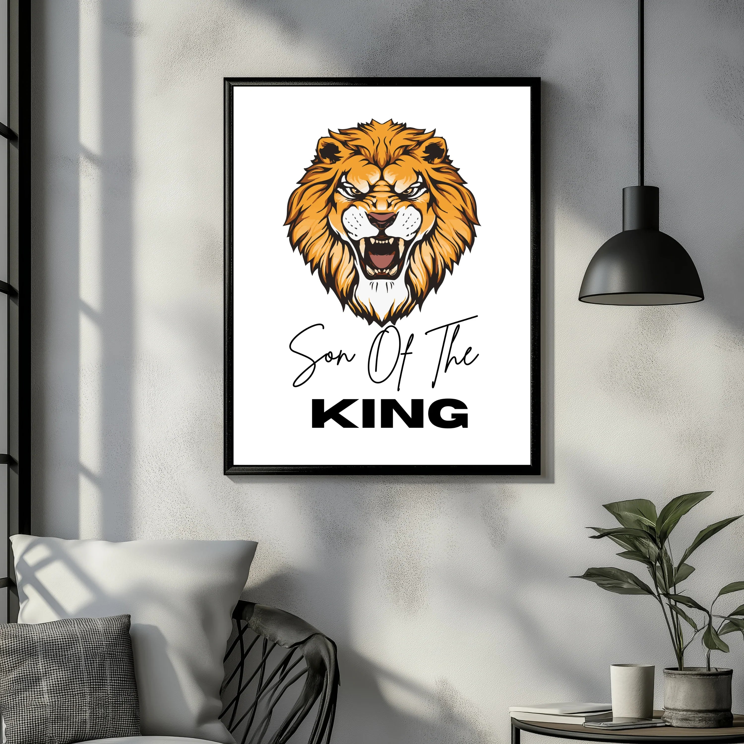 Son Of The King lion head poster design framed on wall in modern room A1 Business-Hub
