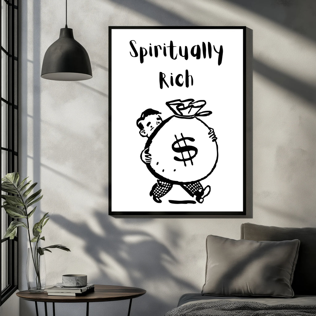 Spiritually Rich poster design with cartoon man carrying money bag in modern living room A1 Business-Hub