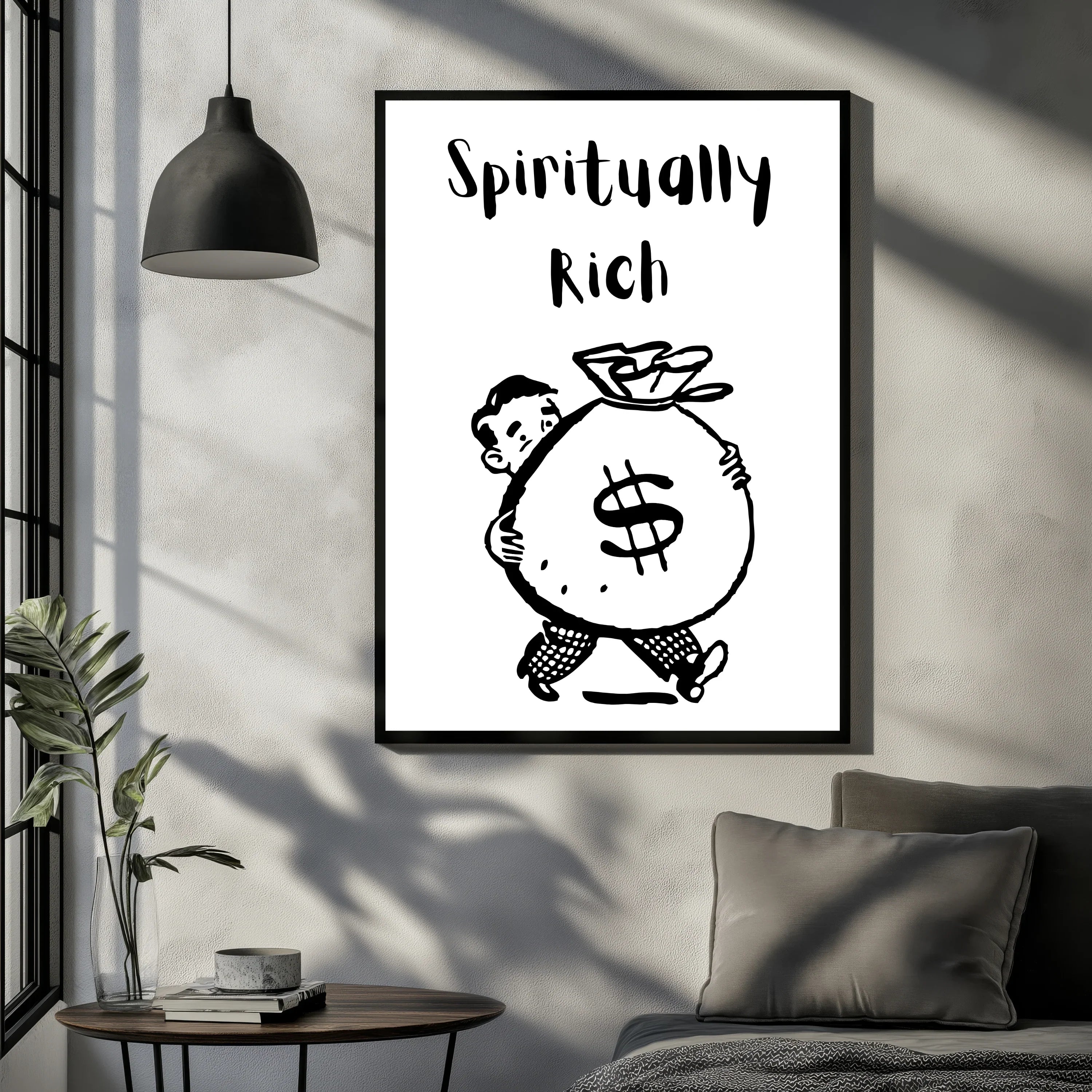 Spiritually Rich poster design with cartoon man carrying money bag in modern living room A1 Business-Hub
