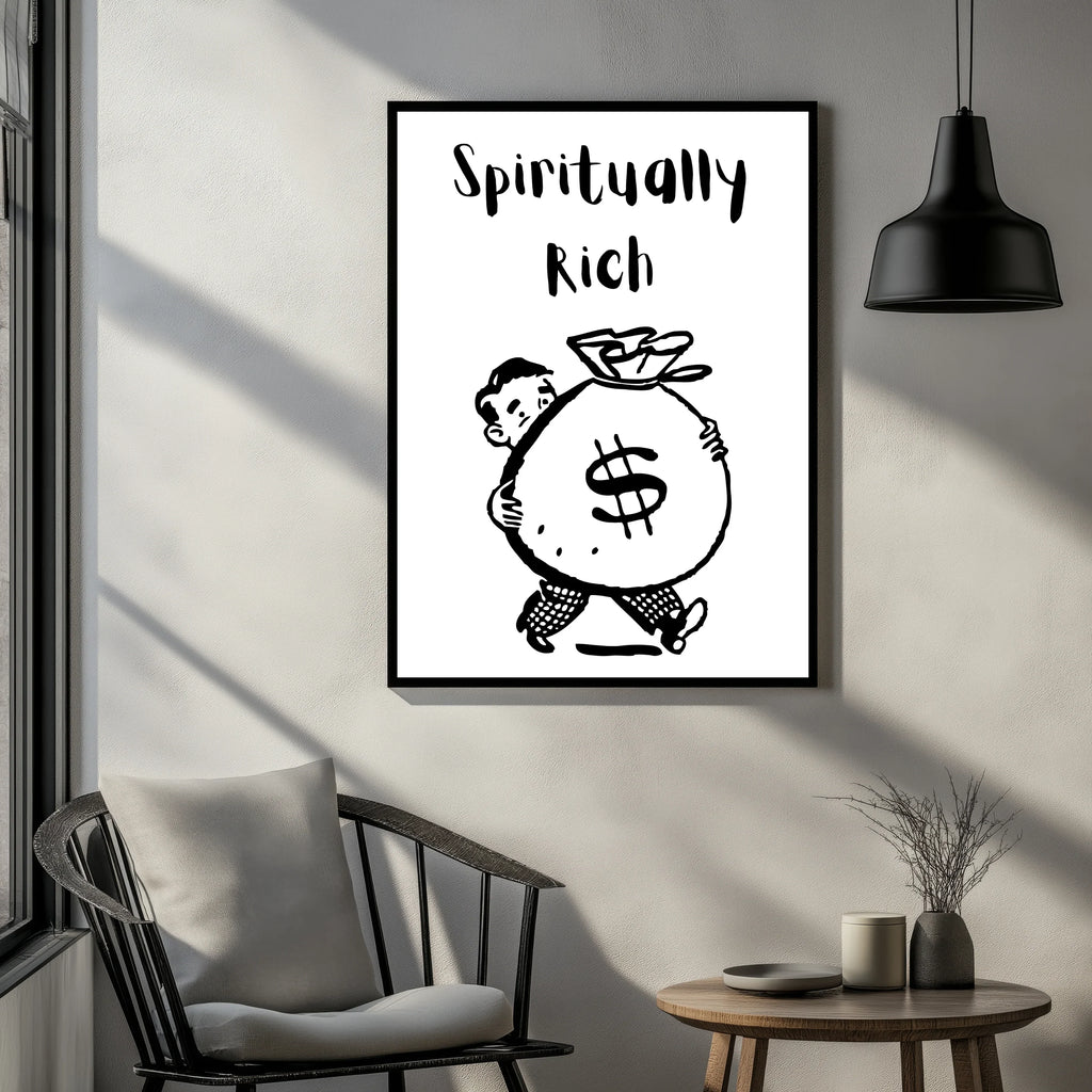 Spiritually Rich poster design with cartoon man carrying huge money bag in modern living room A1 Business-Hub