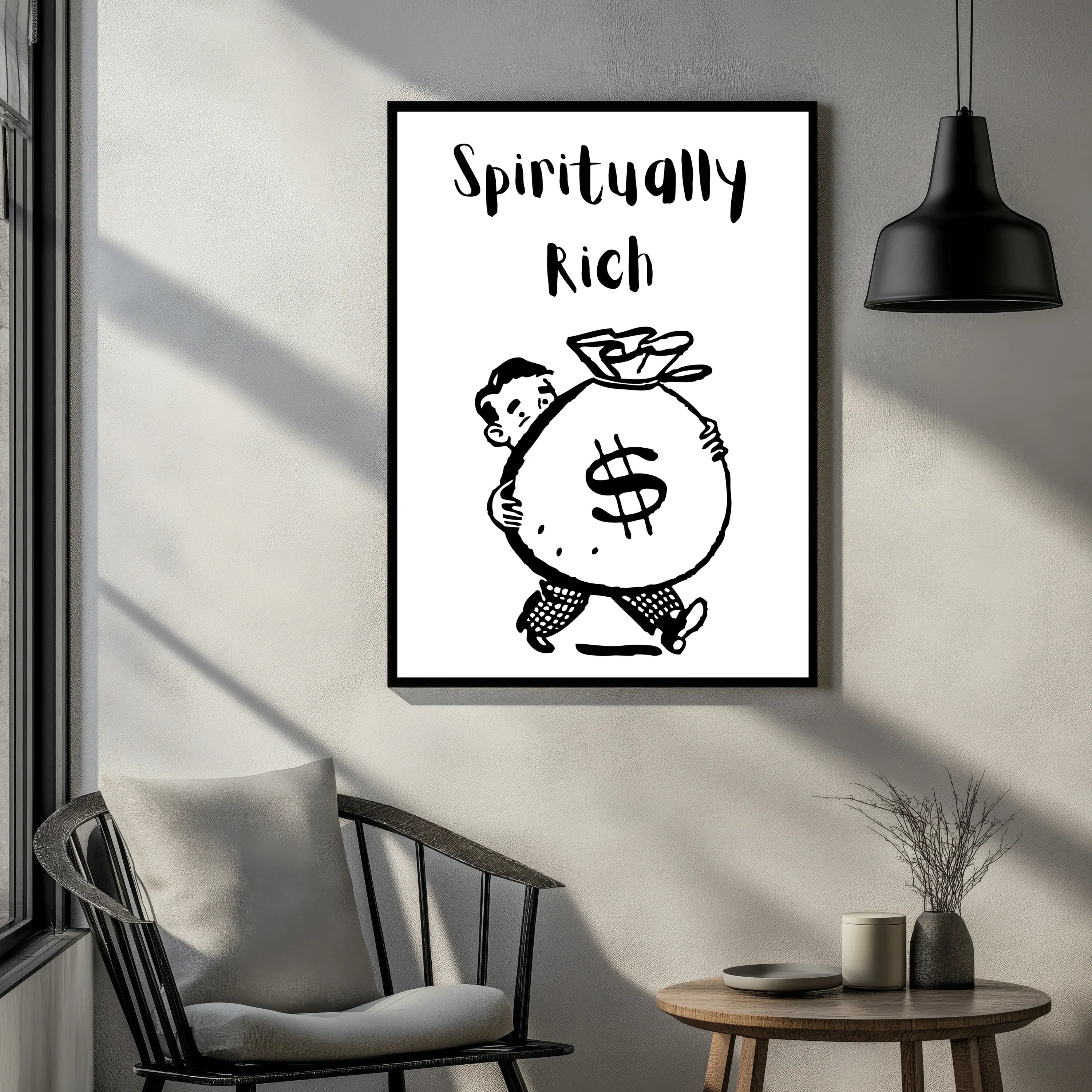 Spiritually Rich poster design with cartoon man carrying huge money bag in modern living room A1 Business-Hub