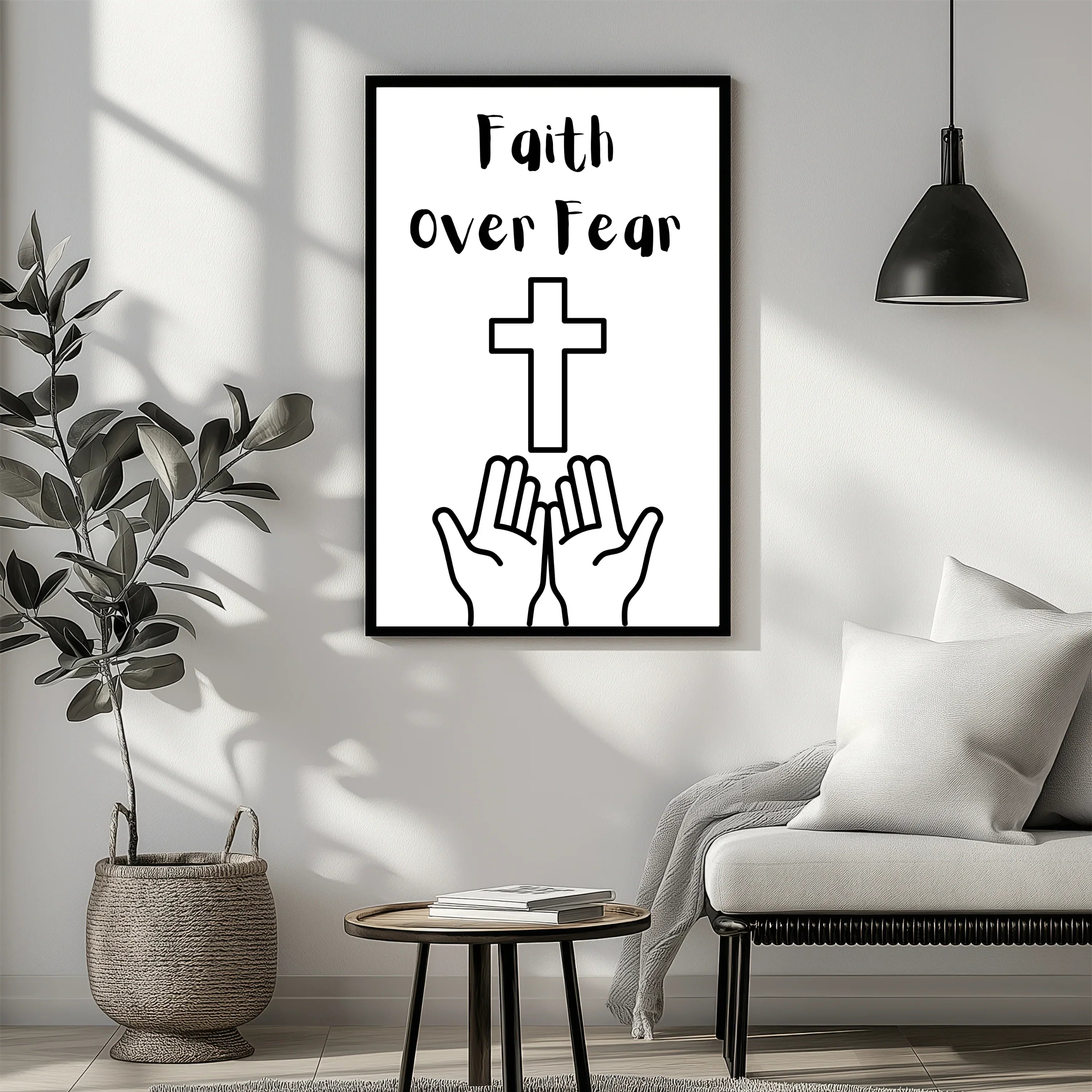 Faith over Fear poster design with cross and praying hands in modern living room wall art A1 Business-Hub