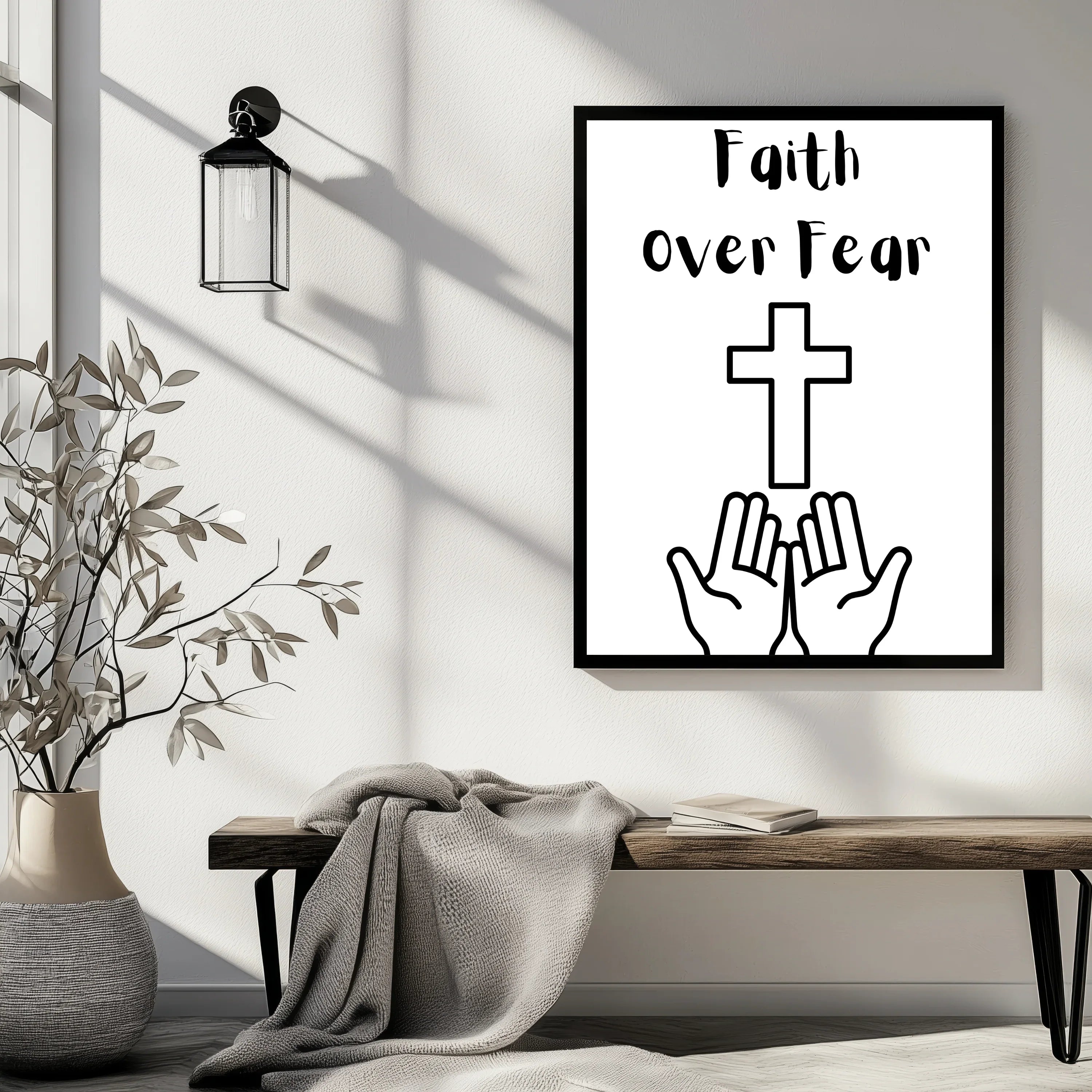 Faith Over Fear wall poster design with cross and praying hands in modern room setting, digital download A1 Business-Hub