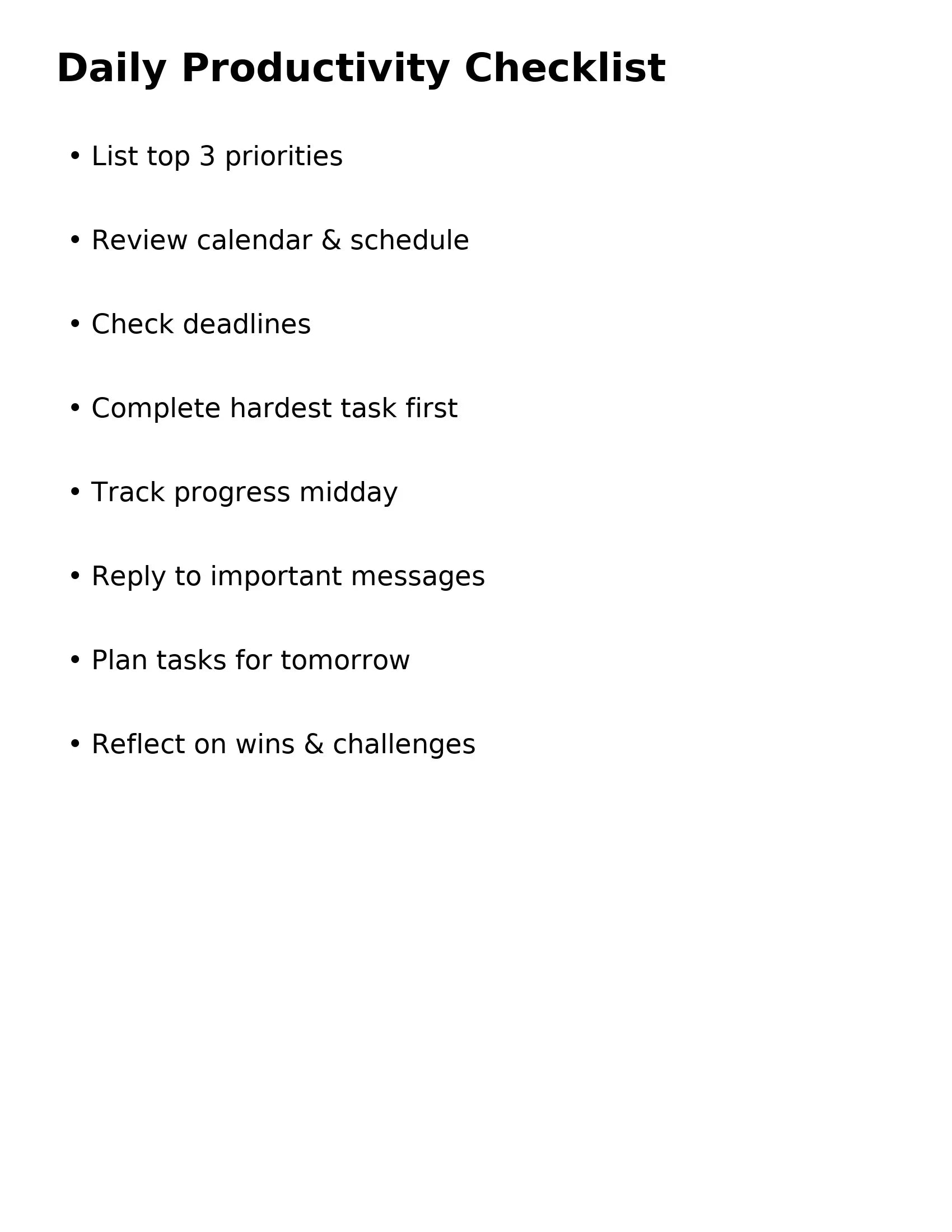 Daily Productivity Checklist - (Template)