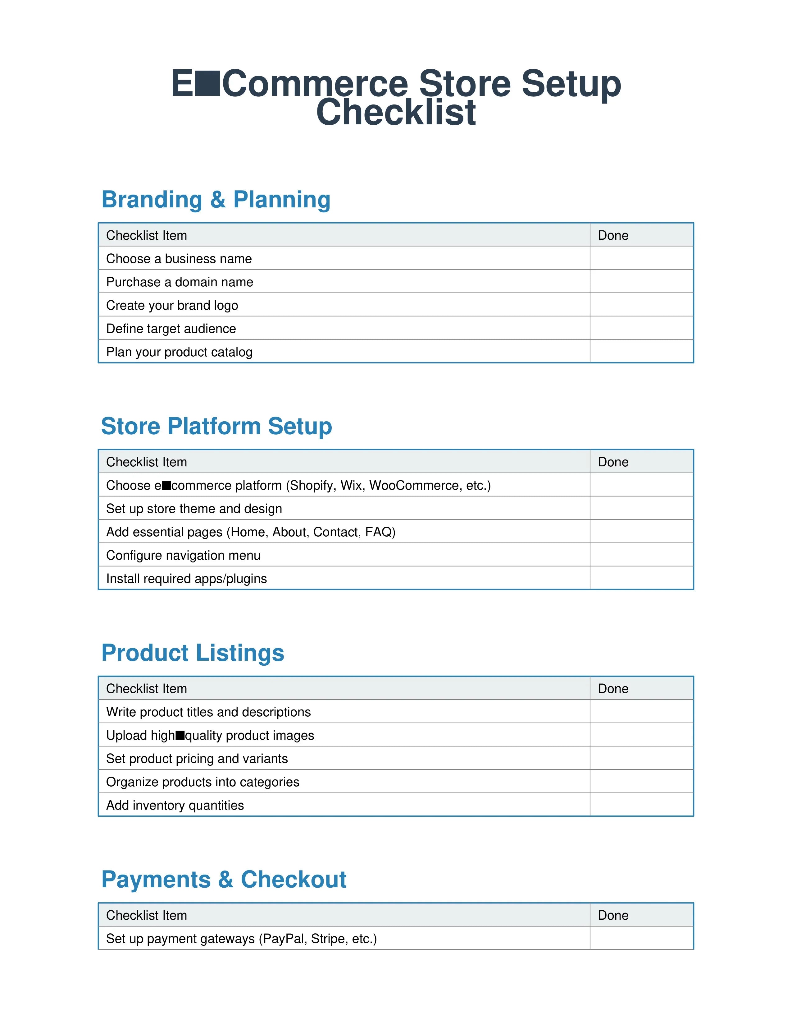 Ecommerce Store Setup Checklist digital download template with branding, platform, listings, checkout steps A1 Business-Hub