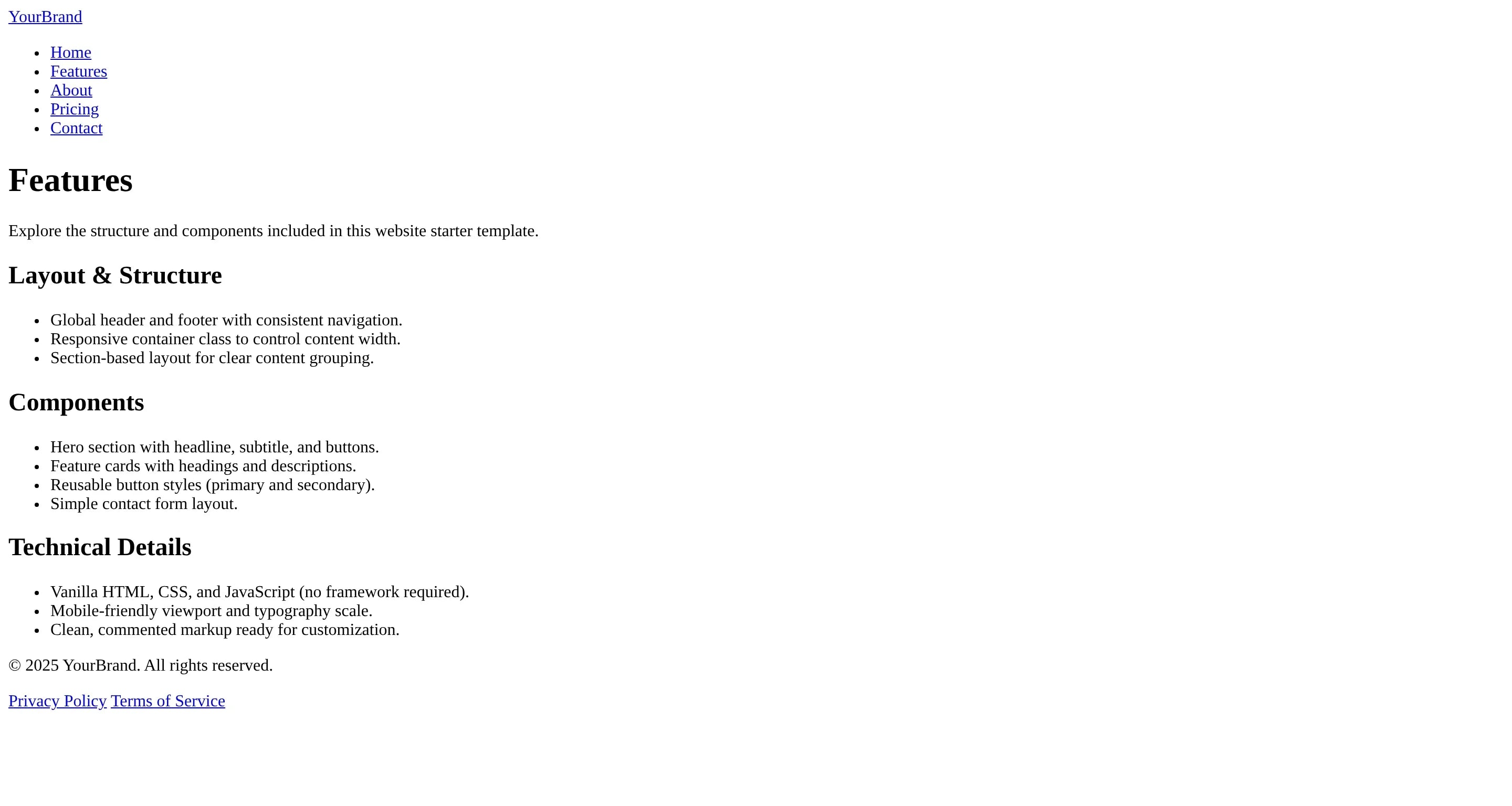 Website starter template features showing layout, components, and technical details for digital download A1 Business-Hub